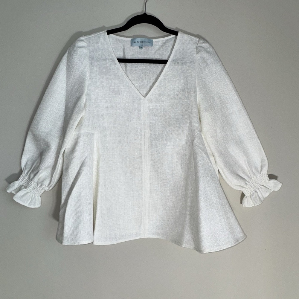Tuckernuck Easton Blouse Top Basket Weave Linen Blend V-Neck  Ivory Size Medium